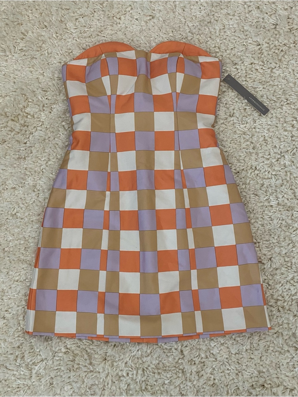 The Wold Gang Strapless Checkered Mini Dress in Orange, Lavender & Cream
